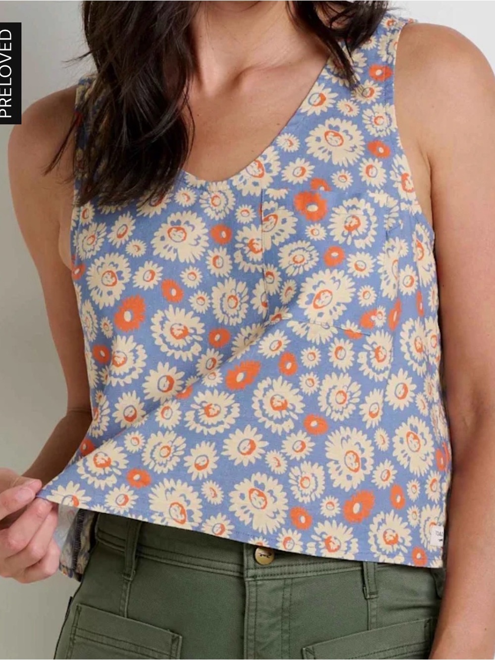 Toad&Co hemp tan Blue Floral Scoop Neck Tank with Orange Accents Size large